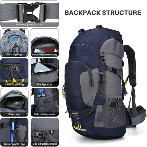 ShowyLive 60L Waterproof Hiking Backpack Lightweight Camping Backpack Men - Picture 5 of 7